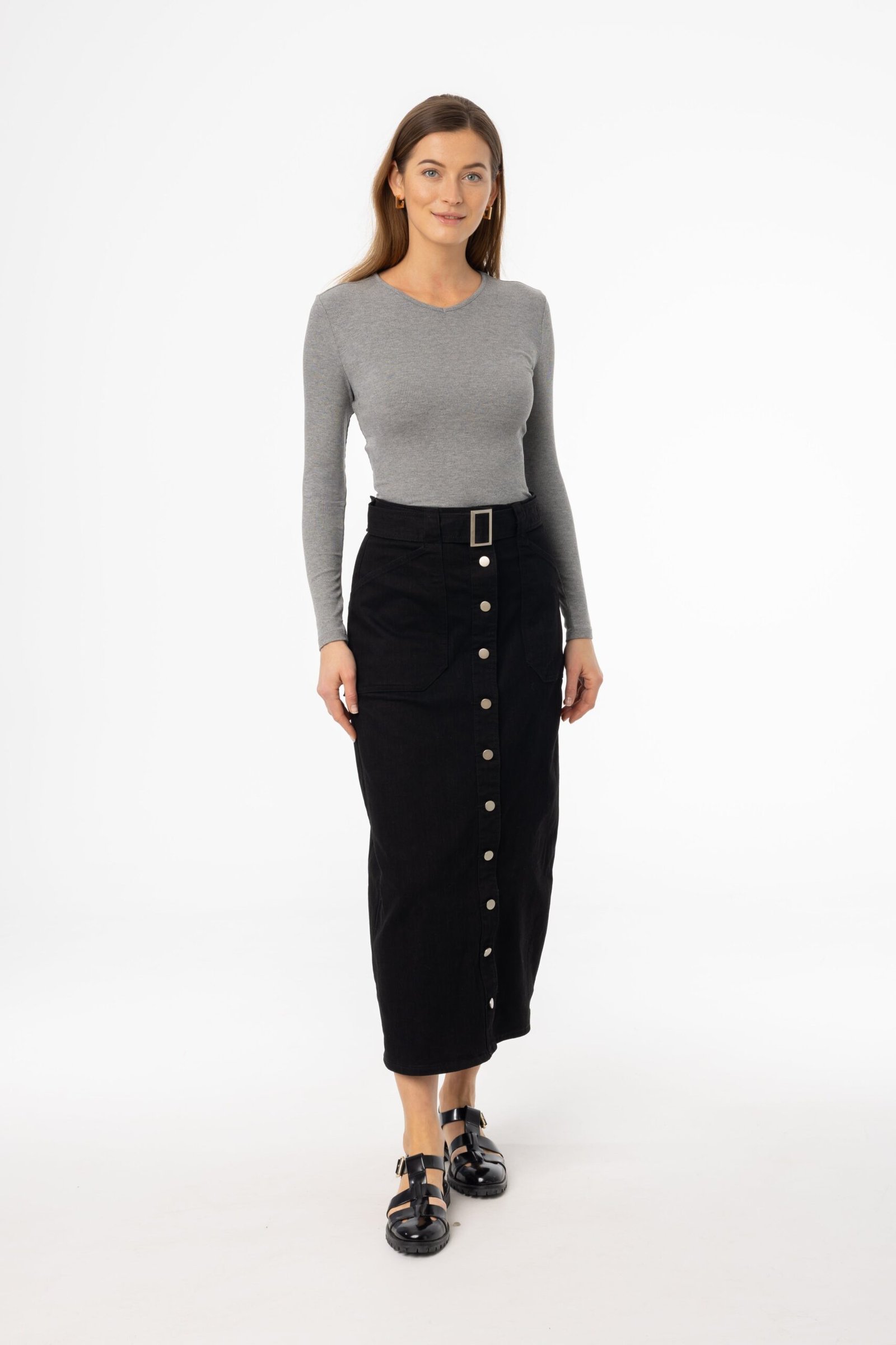 Black Belted Button Down Denim Skirt - Image 4