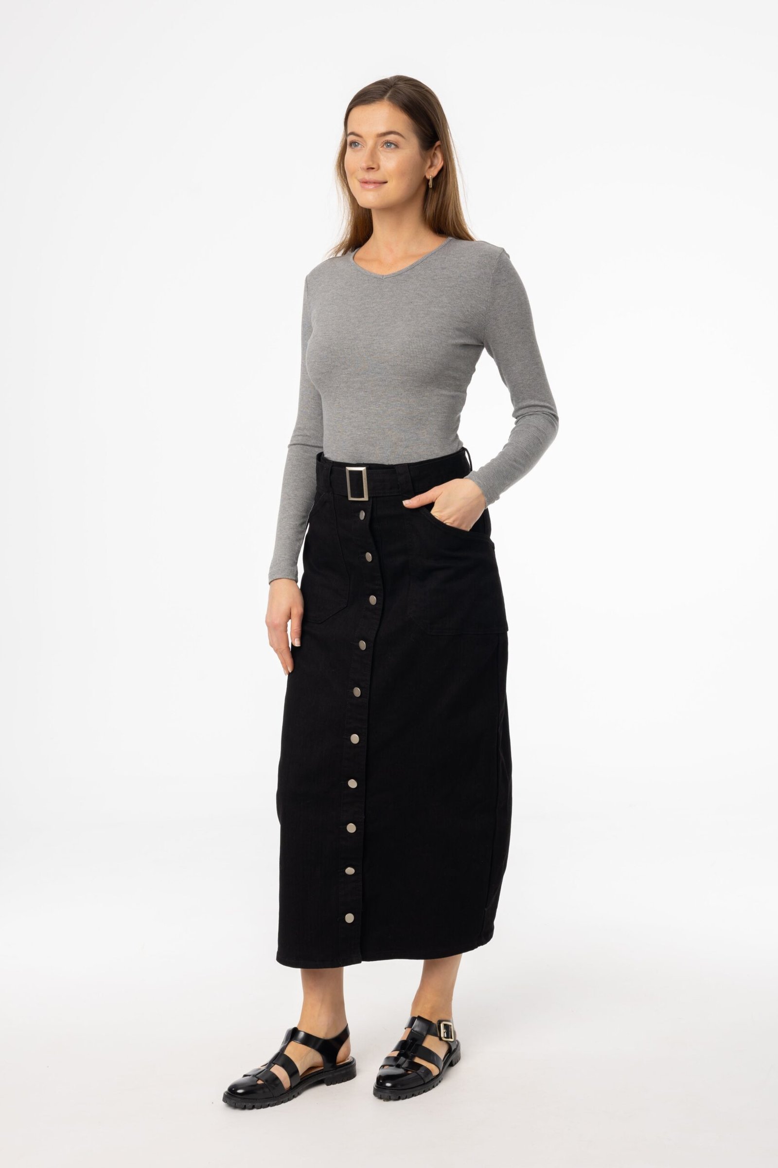 Black Belted Button Down Denim Skirt - Image 2