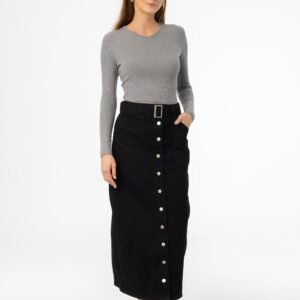 Black Belted Button Down Denim Skirt