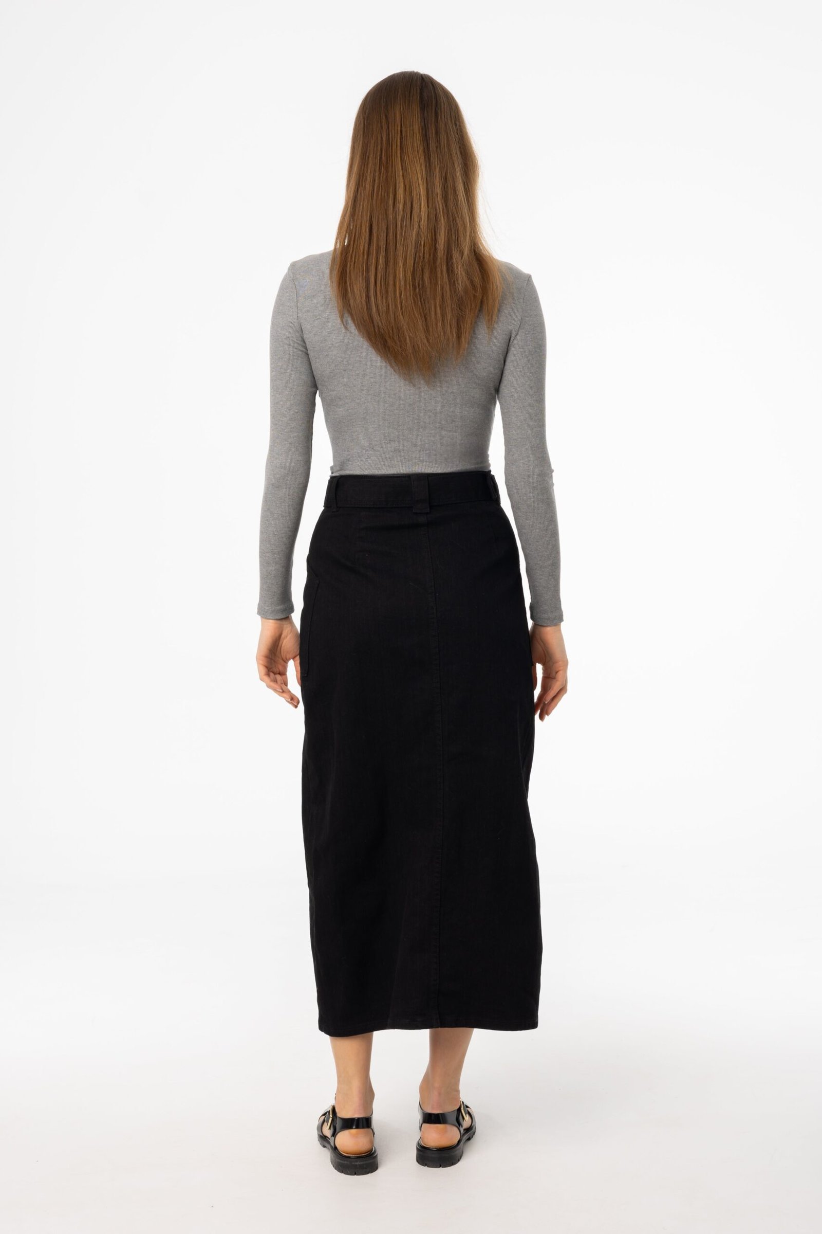 Black Belted Button Down Denim Skirt - Image 3