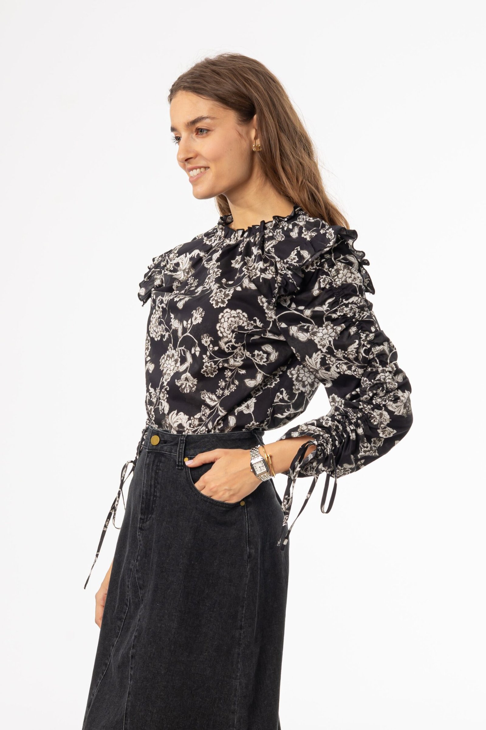 Black Floral Ruffle Blouse - Image 2