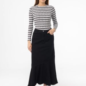 Black Fringe Tiered Denim Skirt