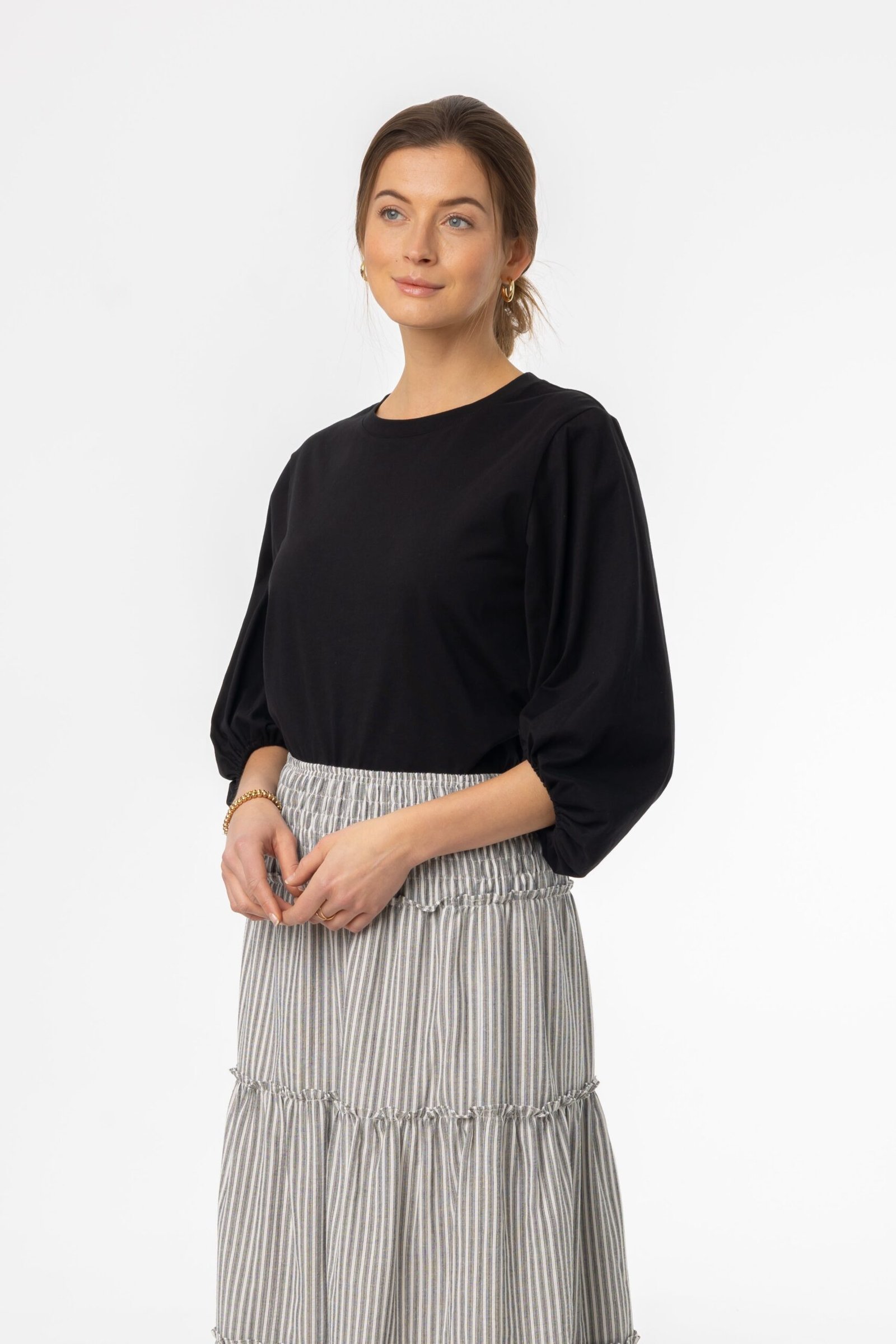 Black Gathered Sleeve T-Shirt - Image 2